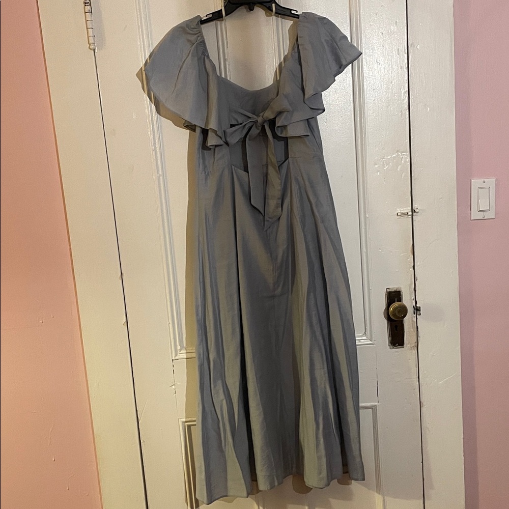 Anthropologie Blue Midi Length A-Line Dress with Flutter Sleeves and a Tie Back - Picture 3 of 7